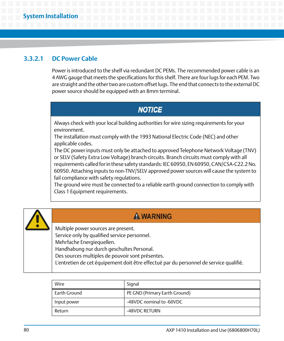 1 dc power cable, System installation | Artesyn Centellis 4410 (AXP-1410) Installation and Use (July 2014) User Manual | Page 80 / 202