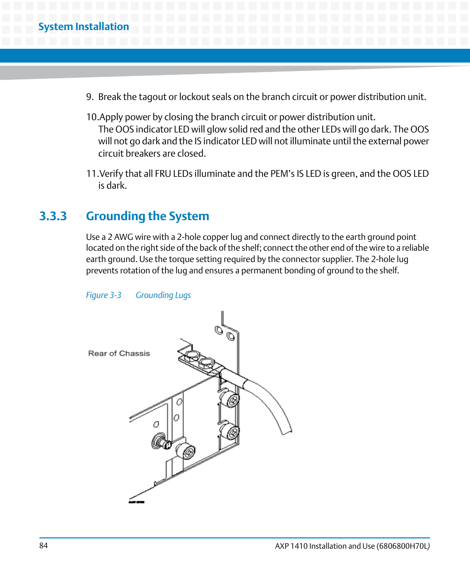3 grounding the system, Figure 3-3, Grounding lugs | Grounding the system, And f | Artesyn Centellis 4410 (AXP-1410) Installation and Use (July 2014) User Manual | Page 84 / 202