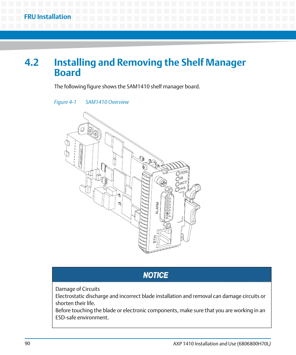2 installing and removing the shelf manager board, Figure 4-1, Sam1410 overview | Artesyn Centellis 4410 (AXP-1410) Installation and Use (July 2014) User Manual | Page 90 / 202