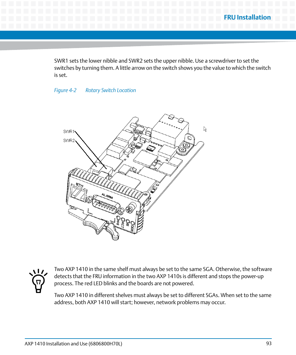 Figure 4-2, Rotary switch location, Fru installation | Artesyn Centellis 4410 (AXP-1410) Installation and Use (July 2014) User Manual | Page 93 / 202