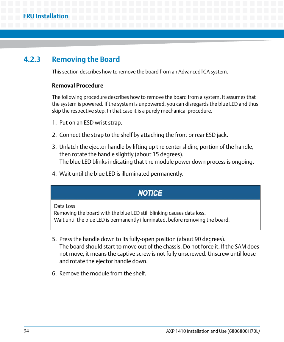 3 removing the board | Artesyn Centellis 4410 (AXP-1410) Installation and Use (July 2014) User Manual | Page 94 / 202