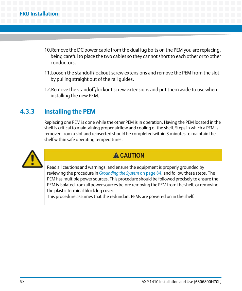 3 installing the pem | Artesyn Centellis 4410 (AXP-1410) Installation and Use (July 2014) User Manual | Page 98 / 202