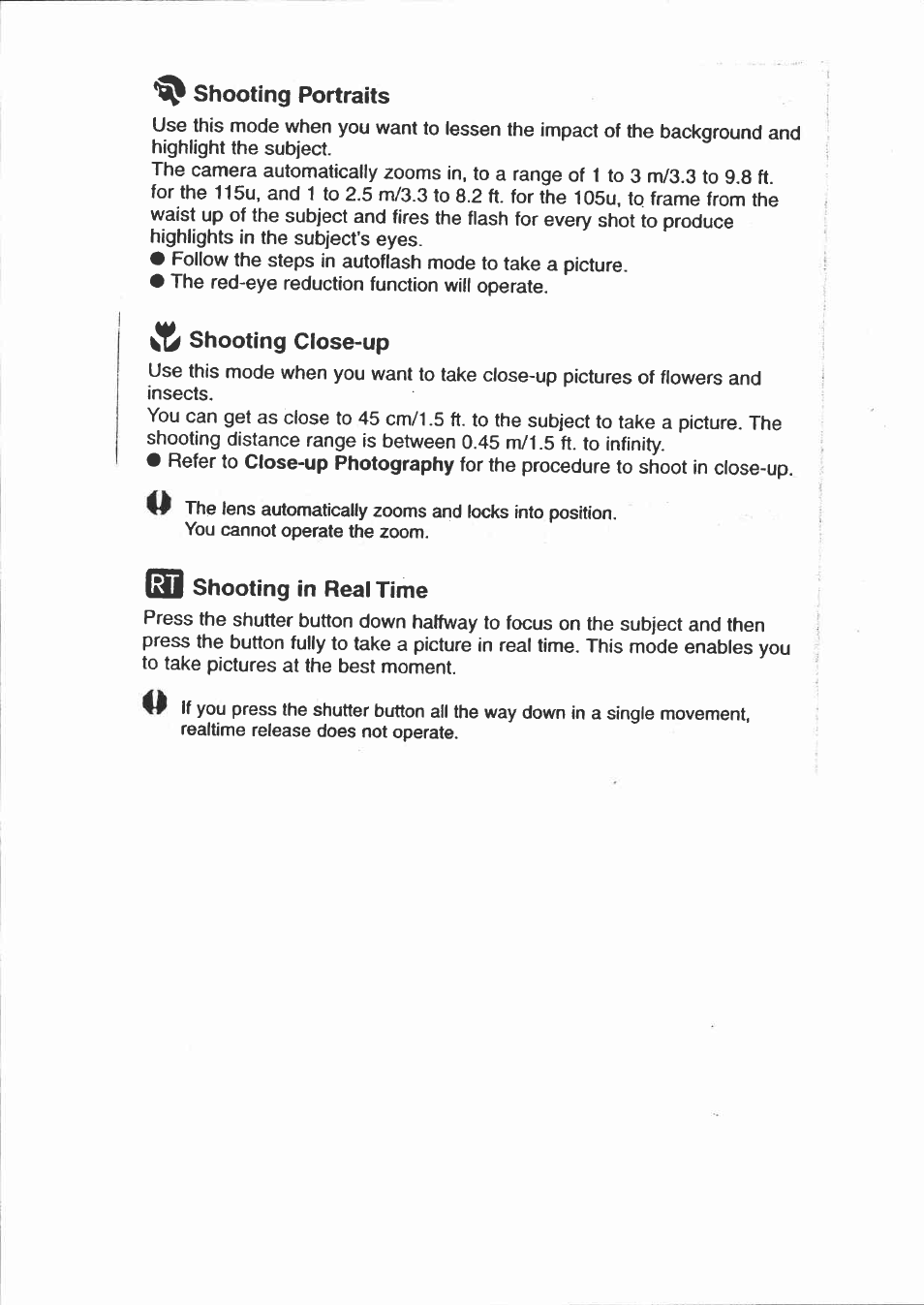 Shooting portraits, Shooting close-up, Ol shooting in real time | Canon Sure Shot 115U User Manual | Page 10 / 15