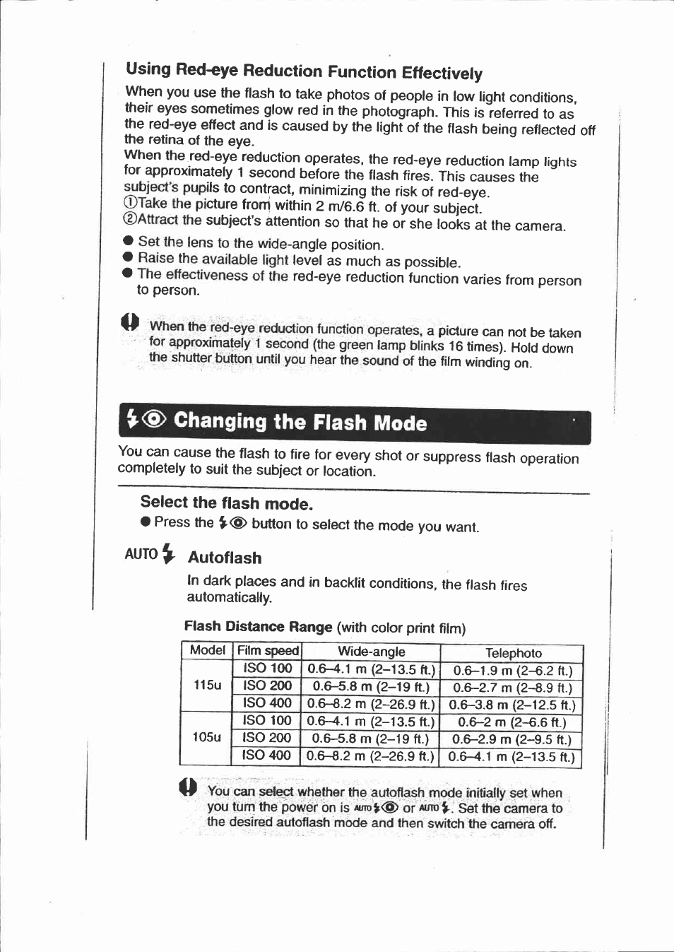 Using red-eye reduction function effectively, V<§> changing the flash mode, Select the flash mode | Autov autoflash | Canon Sure Shot 115U User Manual | Page 11 / 15