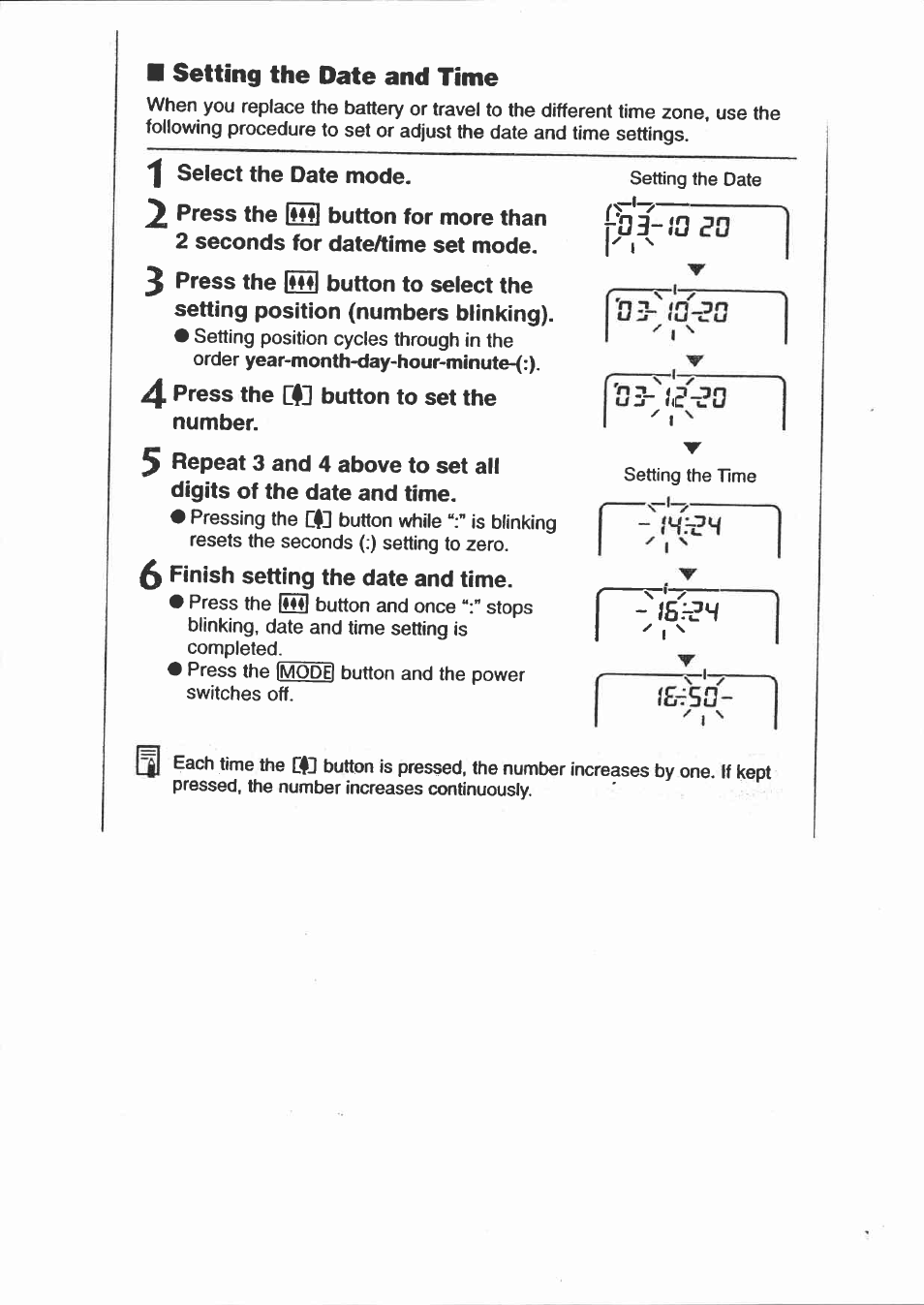 Setting the date and time, I select the date mode, 4 press the oh button to set the number | Finish setting the date and time | Canon Sure Shot 115U User Manual | Page 13 / 15