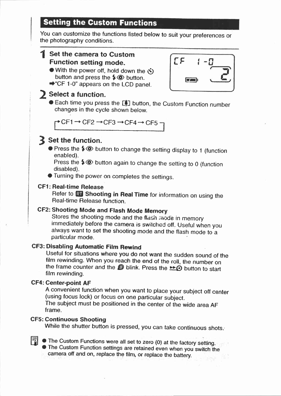 Setting the custom functions, Set the camera to custom function setting mode, Select a function | 3 set the function | Canon Sure Shot 115U User Manual | Page 14 / 15