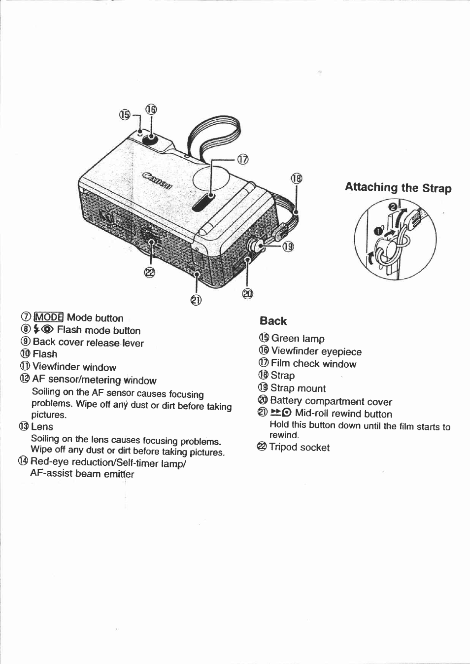 Attaching the strap, Back | Canon Sure Shot 115U User Manual | Page 3 / 15