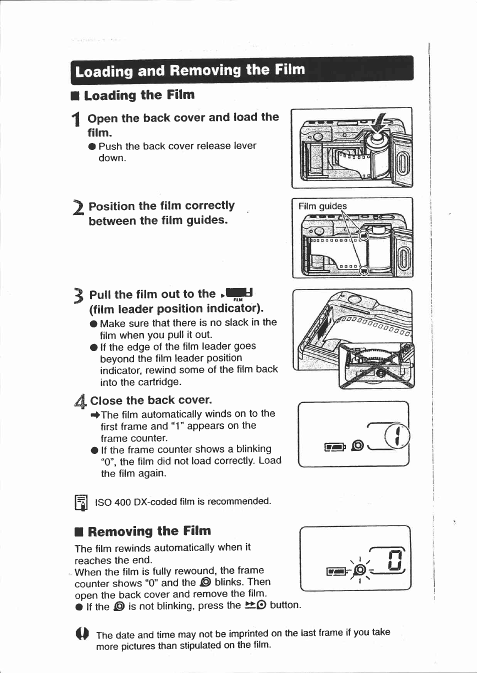 Loading and removing the film, Loading the film, Open the back cover and load the film | Pull the film out to the ».ihbl, Film leader position indicator), Close the back cover, Removing the film | Canon Sure Shot 115U User Manual | Page 6 / 15