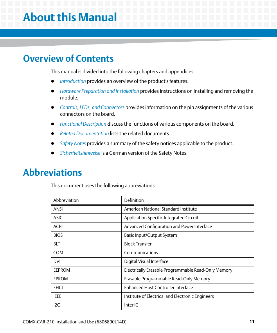 About this manual, Overview of contents, Abbreviations | Artesyn COMX-CAR-210 Installation and Use (August 2014) User Manual | Page 11 / 76