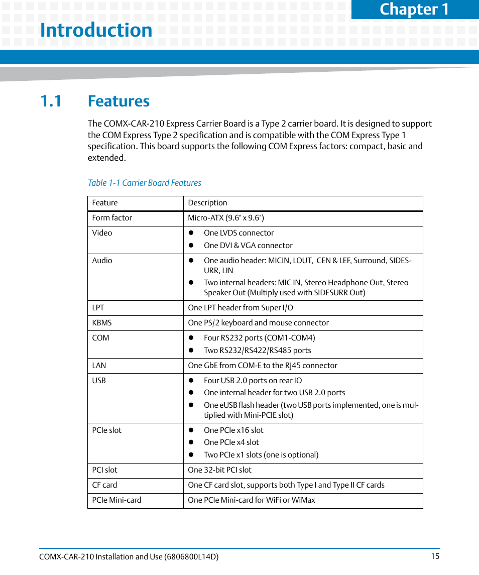 Introduction, 1 features, Table 1-1 | Carrier board features, Chapter 1 | Artesyn COMX-CAR-210 Installation and Use (August 2014) User Manual | Page 15 / 76