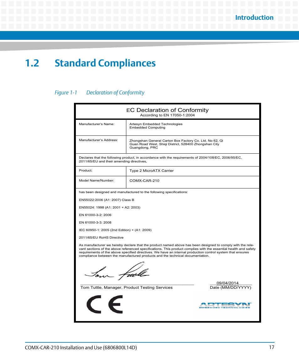 2 standard compliances, Figure 1-1, Declaration of conformity | Standard compliances, Introduction, Figure 1-1 declaration of conformity, C declaration of conformity | Artesyn COMX-CAR-210 Installation and Use (August 2014) User Manual | Page 17 / 76