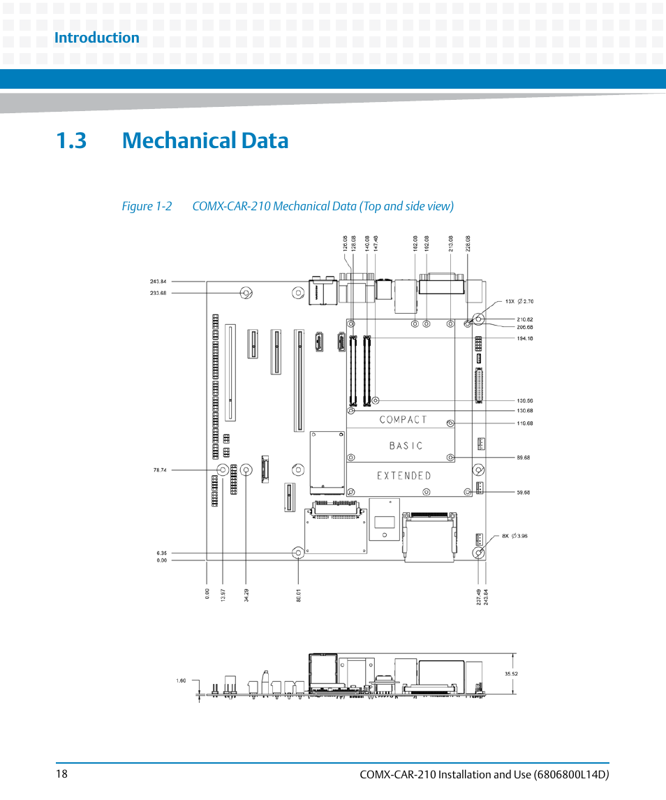 3 mechanical data, Figure 1-2, Comx-car-210 mechanical data (top and side view) | Artesyn COMX-CAR-210 Installation and Use (August 2014) User Manual | Page 18 / 76