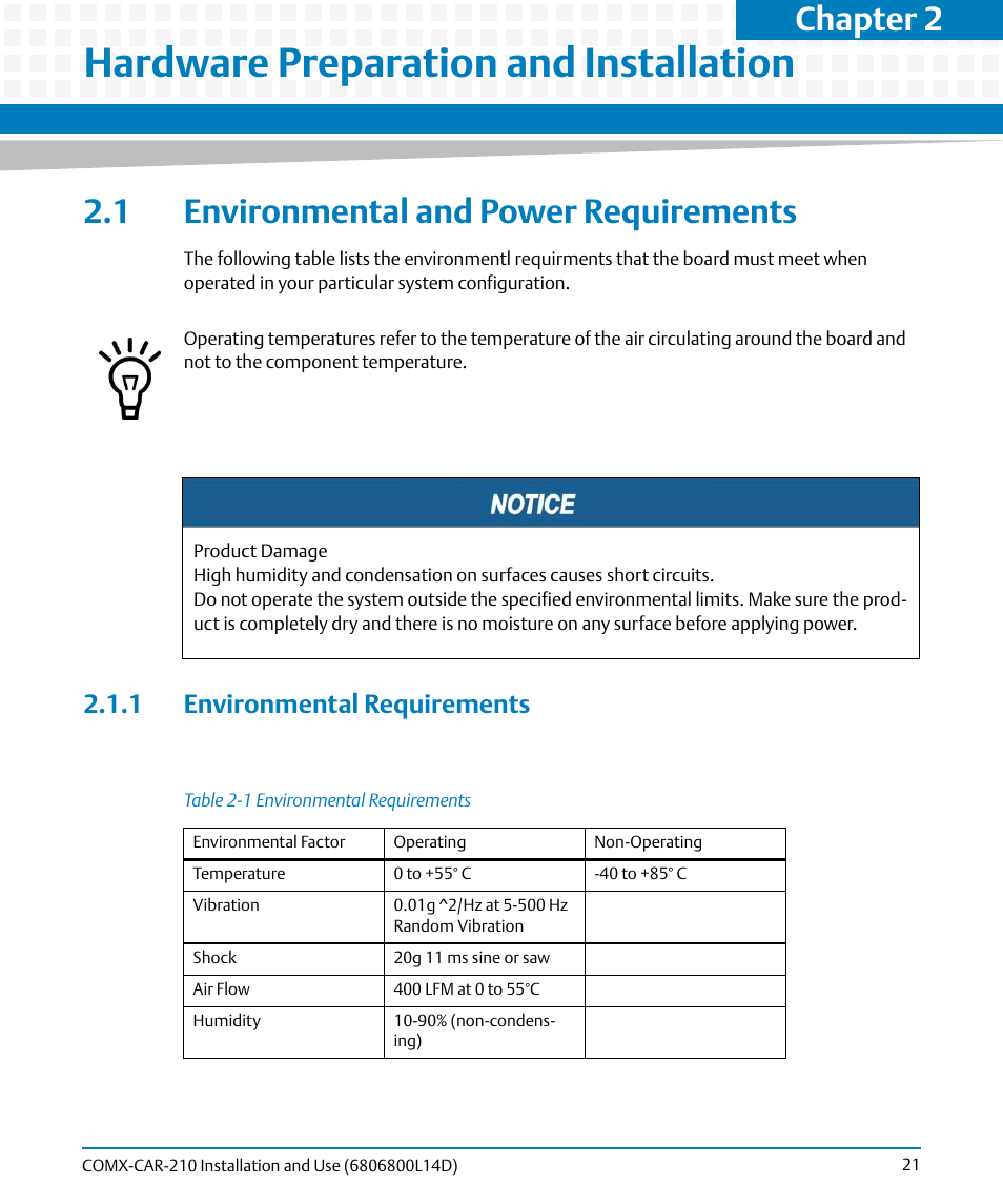 Hardware preparation and installation, 1 environmental and power requirements, 1 environmental requirements | Table 2-1, Environmental requirements, Chapter 2 | Artesyn COMX-CAR-210 Installation and Use (August 2014) User Manual | Page 21 / 76