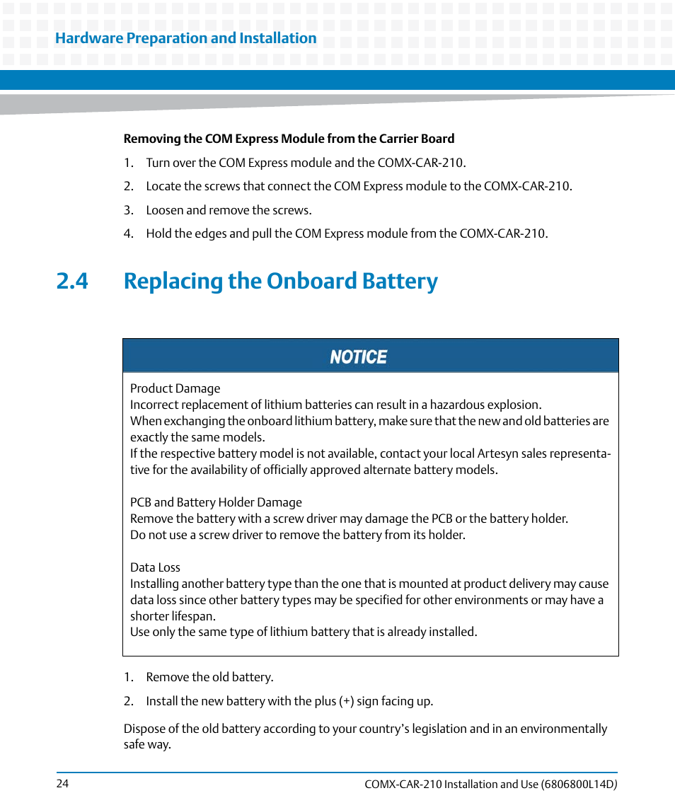 4 replacing the onboard battery | Artesyn COMX-CAR-210 Installation and Use (August 2014) User Manual | Page 24 / 76