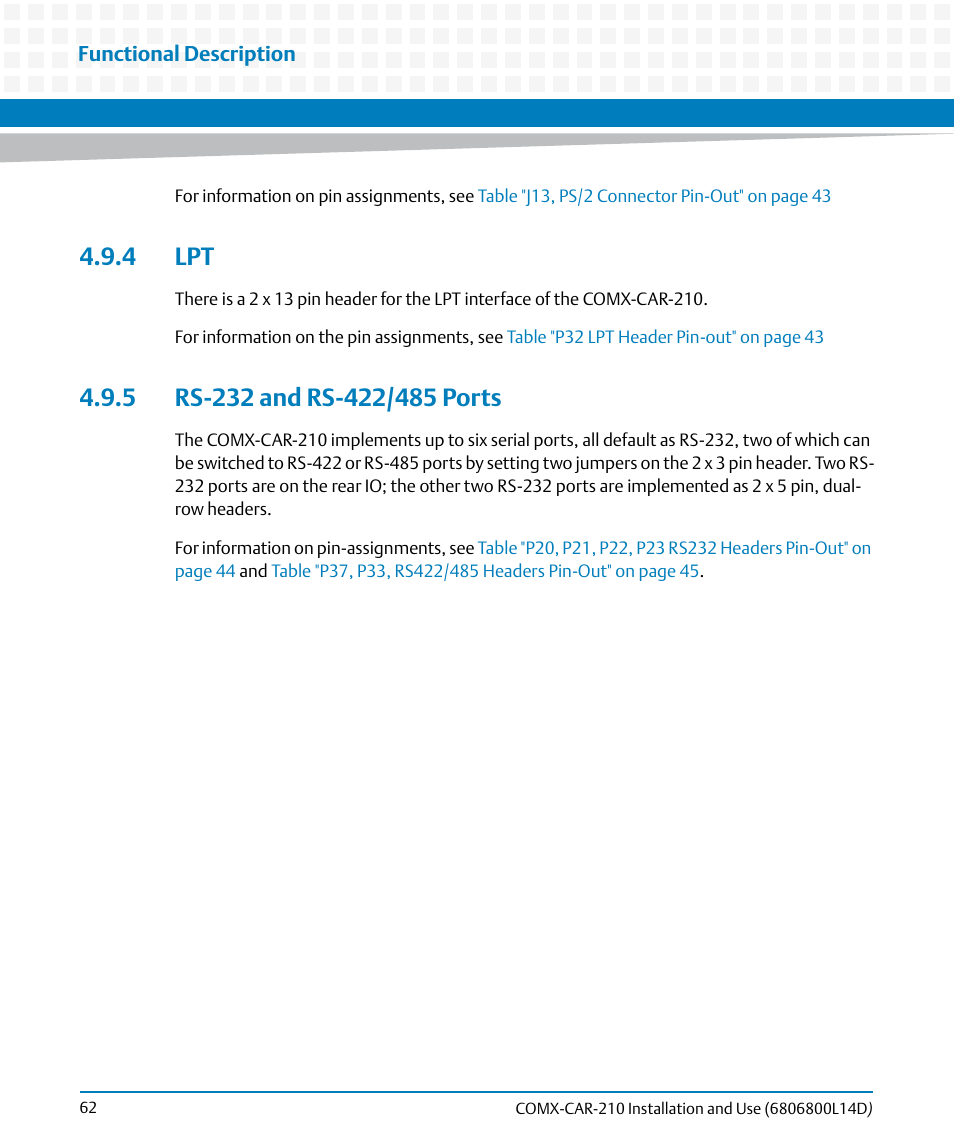 4 lpt, 5 rs-232 and rs-422/485 ports, 4 lpt 4.9.5 rs-232 and rs-422/485 ports | Artesyn COMX-CAR-210 Installation and Use (August 2014) User Manual | Page 62 / 76