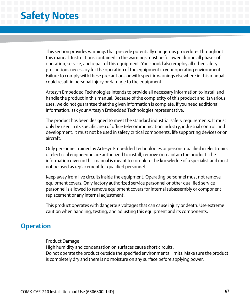 Safety notes, Operation | Artesyn COMX-CAR-210 Installation and Use (August 2014) User Manual | Page 67 / 76
