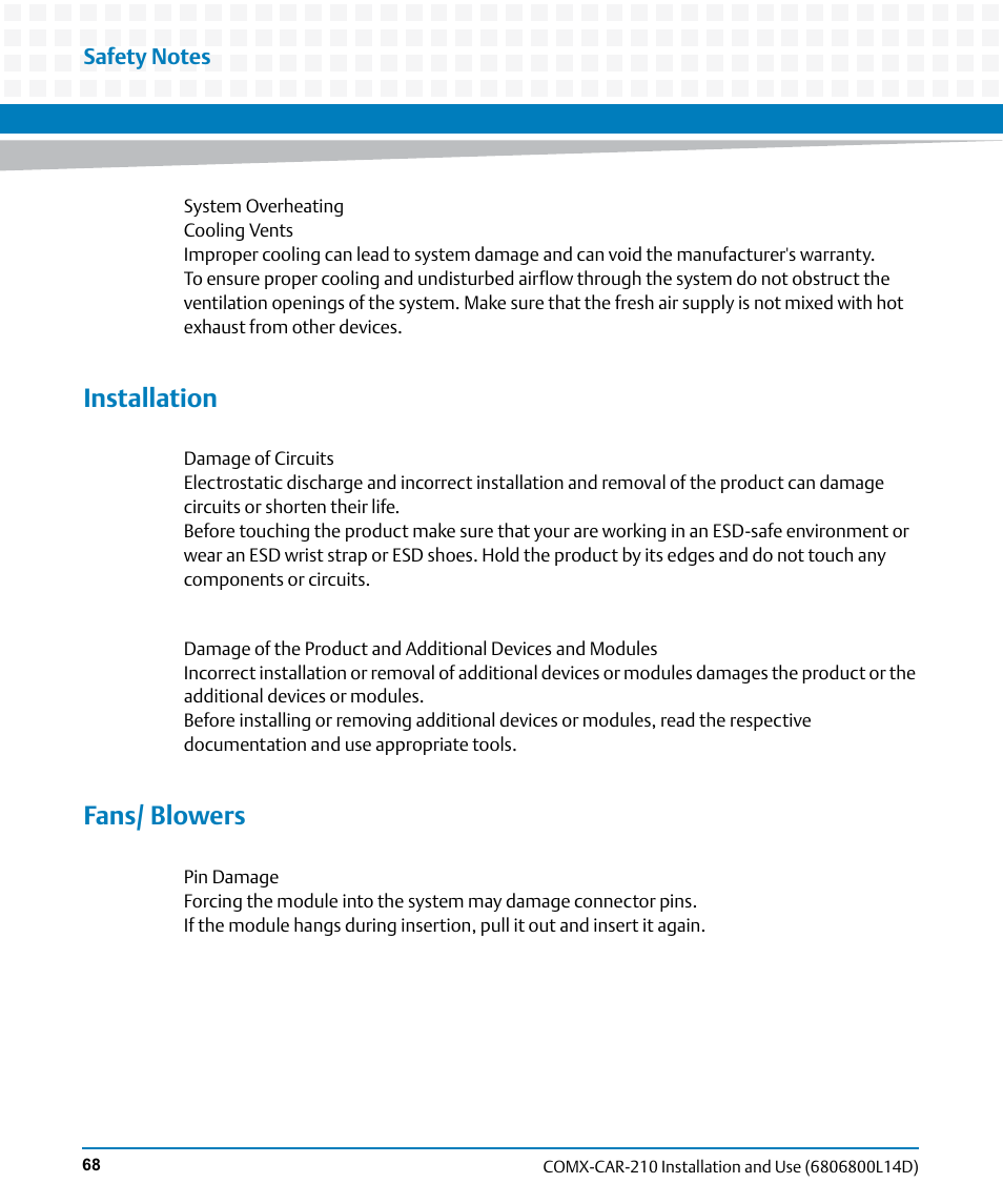 Installation, Fans/ blowers | Artesyn COMX-CAR-210 Installation and Use (August 2014) User Manual | Page 68 / 76