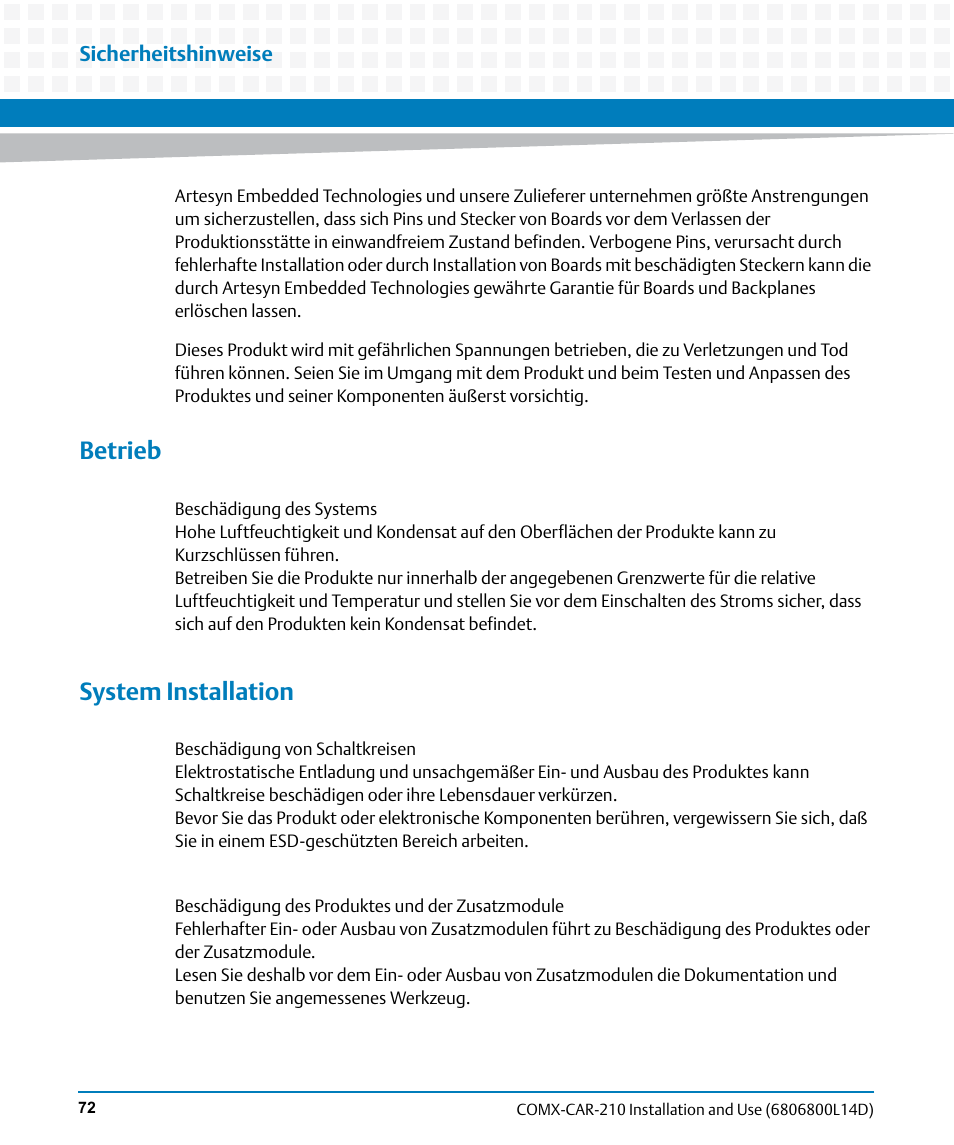 Betrieb, System installation | Artesyn COMX-CAR-210 Installation and Use (August 2014) User Manual | Page 72 / 76