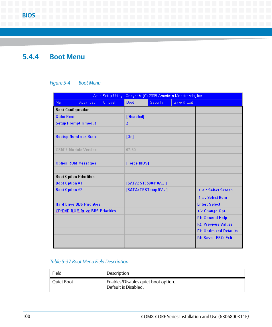 4 boot menu, Table 5-37, Boot menu field description | Figure 5-4, Boot menu, Bios | Artesyn COMX-CORE Series Installation and Use (August 2014) User Manual | Page 100 / 128