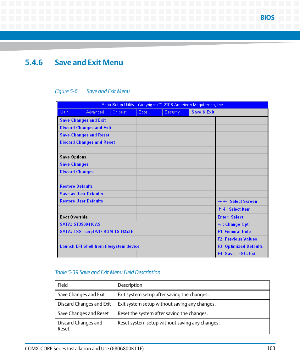 6 save and exit menu, Table 5-39, Save and exit menu field description | Bios | Artesyn COMX-CORE Series Installation and Use (August 2014) User Manual | Page 103 / 128