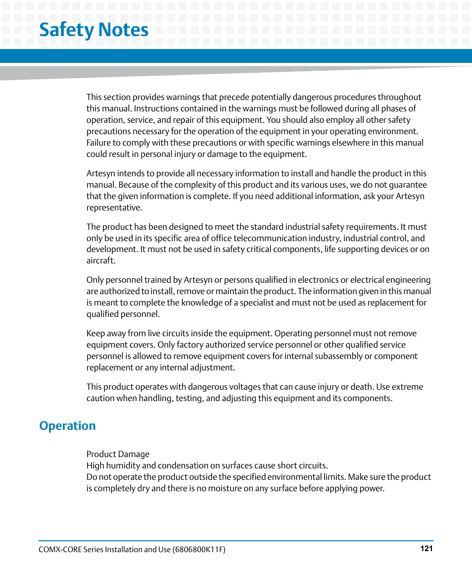 Safety notes, Operation | Artesyn COMX-CORE Series Installation and Use (August 2014) User Manual | Page 121 / 128