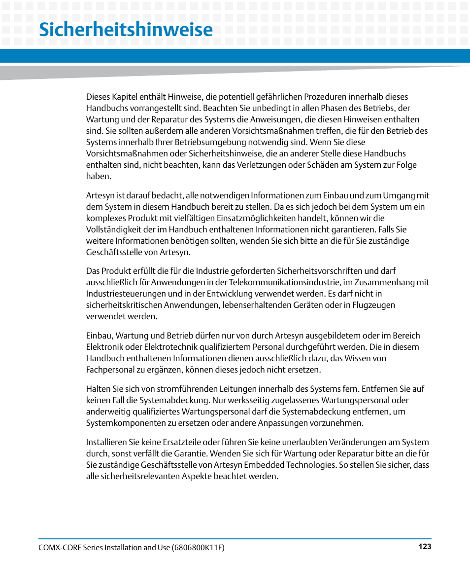 Sicherheitshinweise, Is a ge | Artesyn COMX-CORE Series Installation and Use (August 2014) User Manual | Page 123 / 128