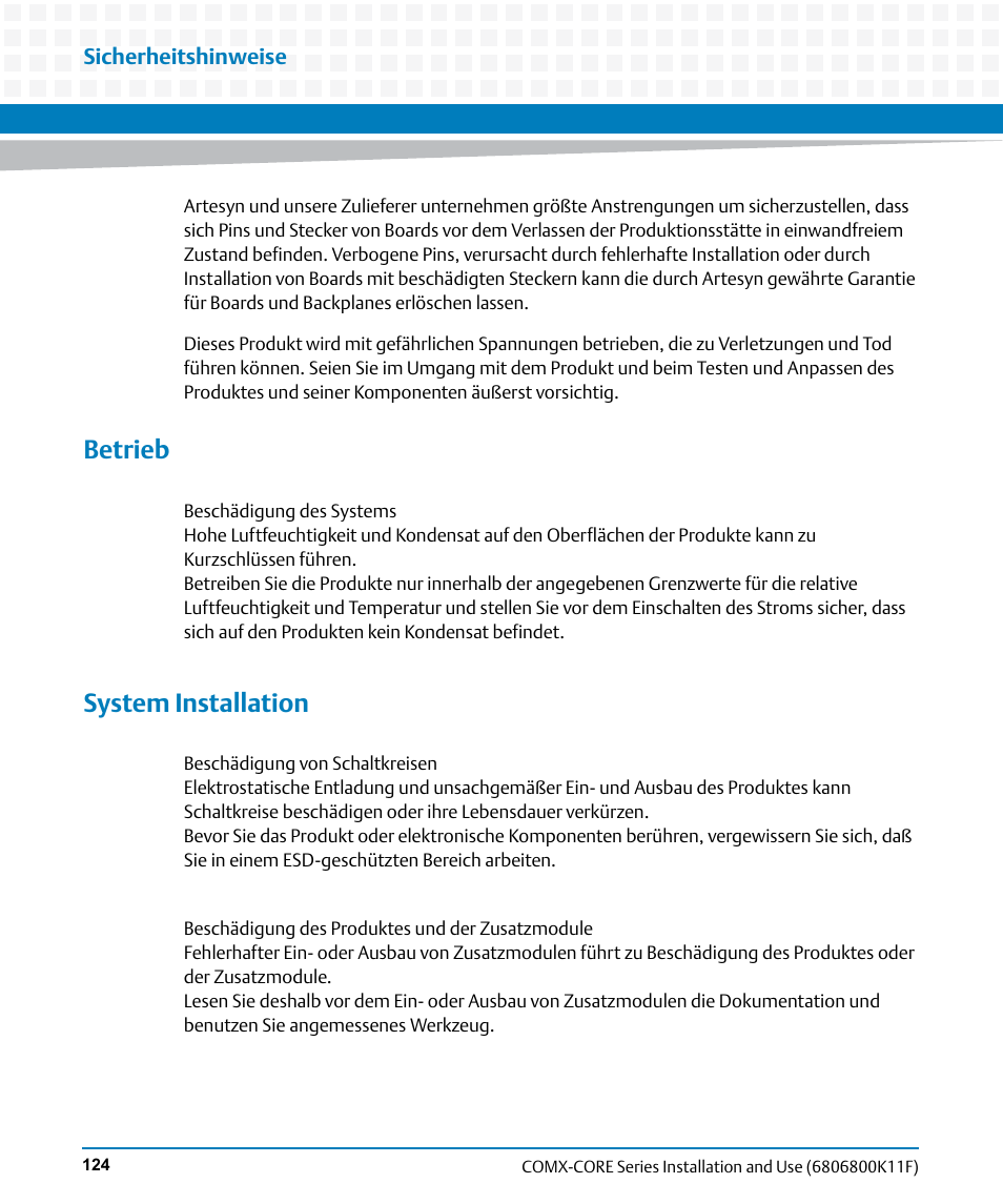 Betrieb, System installation | Artesyn COMX-CORE Series Installation and Use (August 2014) User Manual | Page 124 / 128