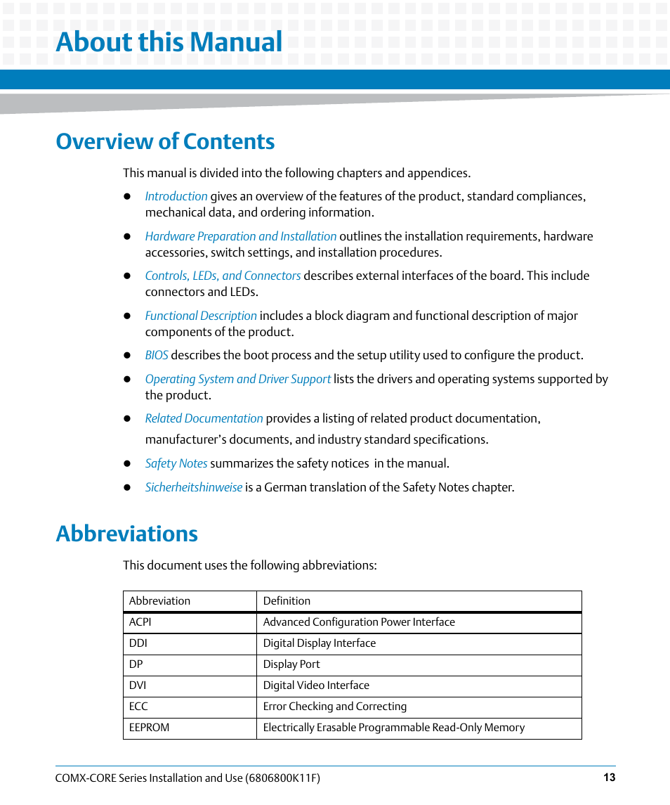 About this manual, Overview of contents, Abbreviations | Artesyn COMX-CORE Series Installation and Use (August 2014) User Manual | Page 13 / 128