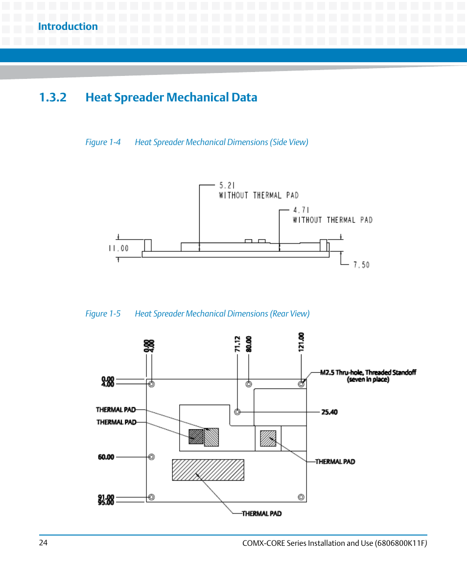 2 heat spreader mechanical data, Figure 1-4, Heat spreader mechanical dimensions (side view) | Figure 1-5, Heat spreader mechanical dimensions (rear view) | Artesyn COMX-CORE Series Installation and Use (August 2014) User Manual | Page 24 / 128