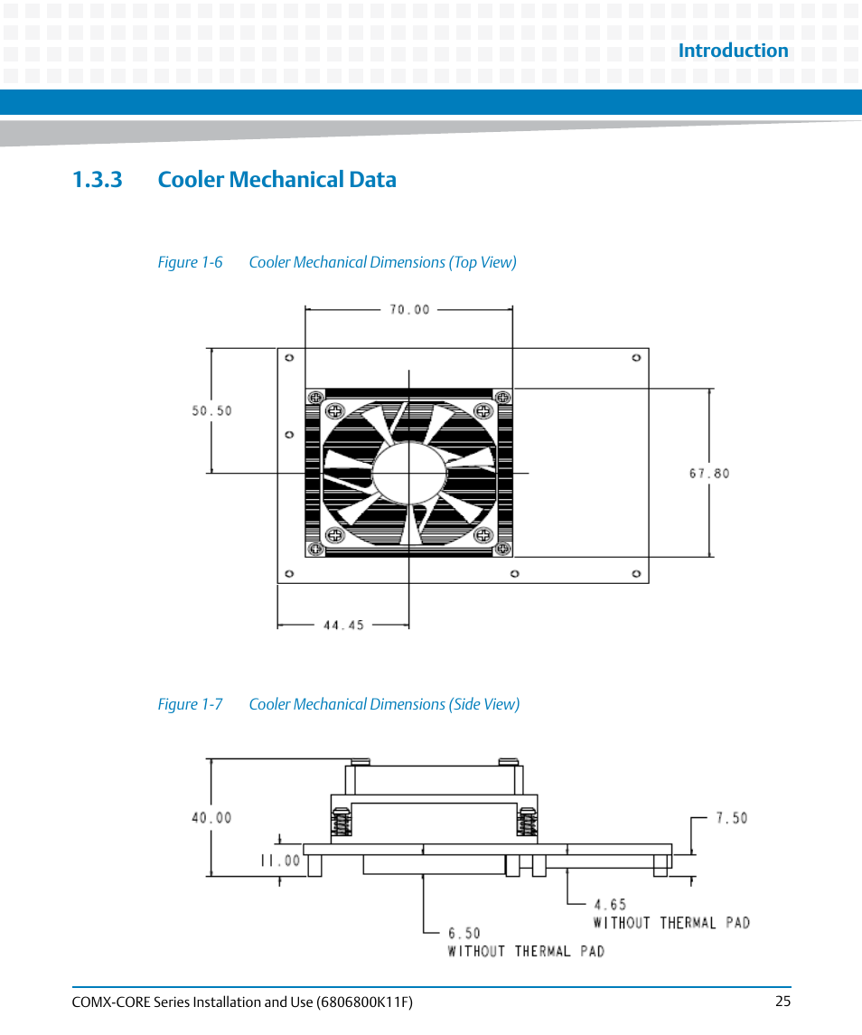 3 cooler mechanical data, Figure 1-6, Cooler mechanical dimensions (top view) | Figure 1-7, Cooler mechanical dimensions (side view) | Artesyn COMX-CORE Series Installation and Use (August 2014) User Manual | Page 25 / 128