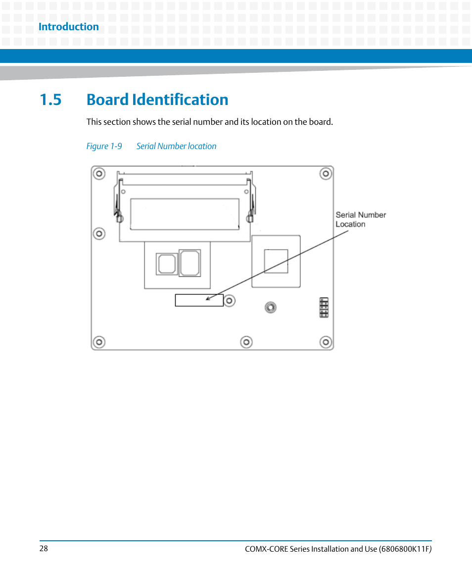 5 board identification, Figure 1-9, Serial number location | Artesyn COMX-CORE Series Installation and Use (August 2014) User Manual | Page 28 / 128