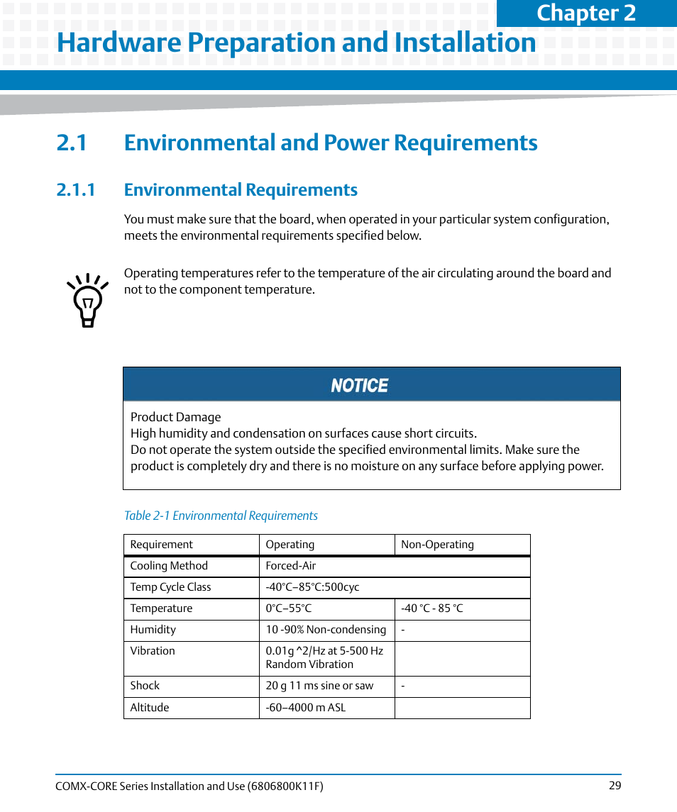 Hardware preparation and installation, 1 environmental and power requirements, 1 environmental requirements | Table 2-1, Environmental requirements, Outline, Chapter 2 | Artesyn COMX-CORE Series Installation and Use (August 2014) User Manual | Page 29 / 128