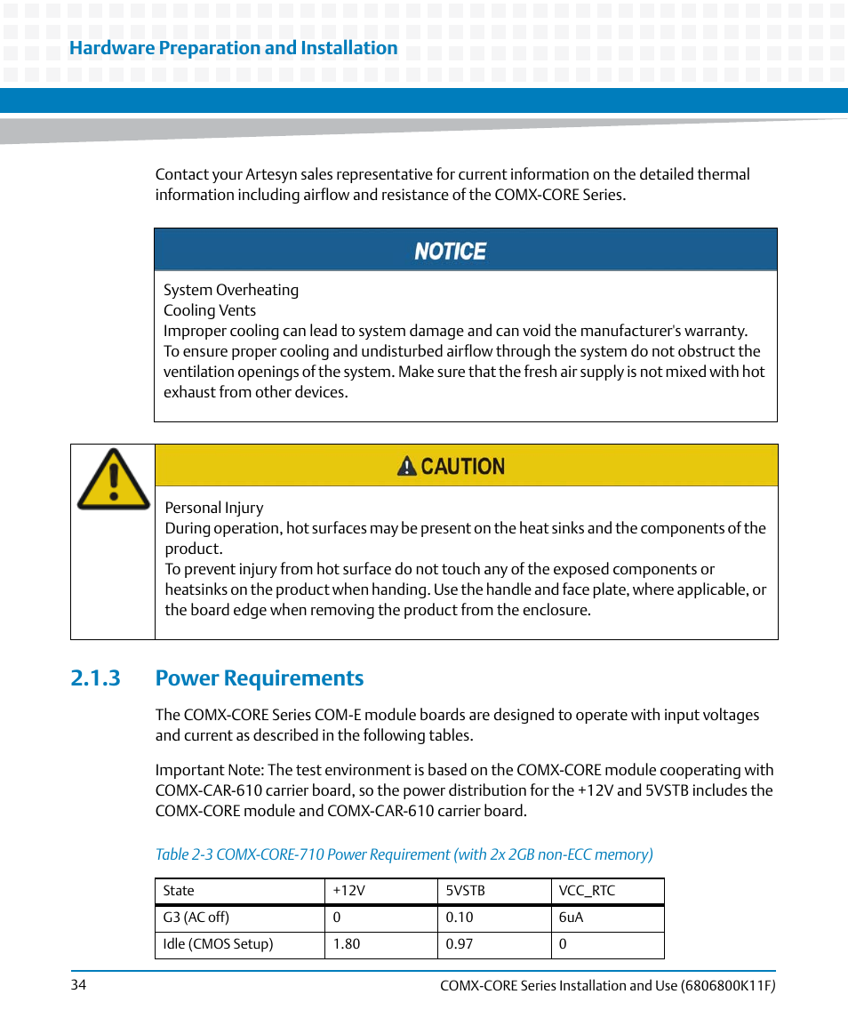 3 power requirements, Table 2-3, Hardware preparation and installation | Artesyn COMX-CORE Series Installation and Use (August 2014) User Manual | Page 34 / 128