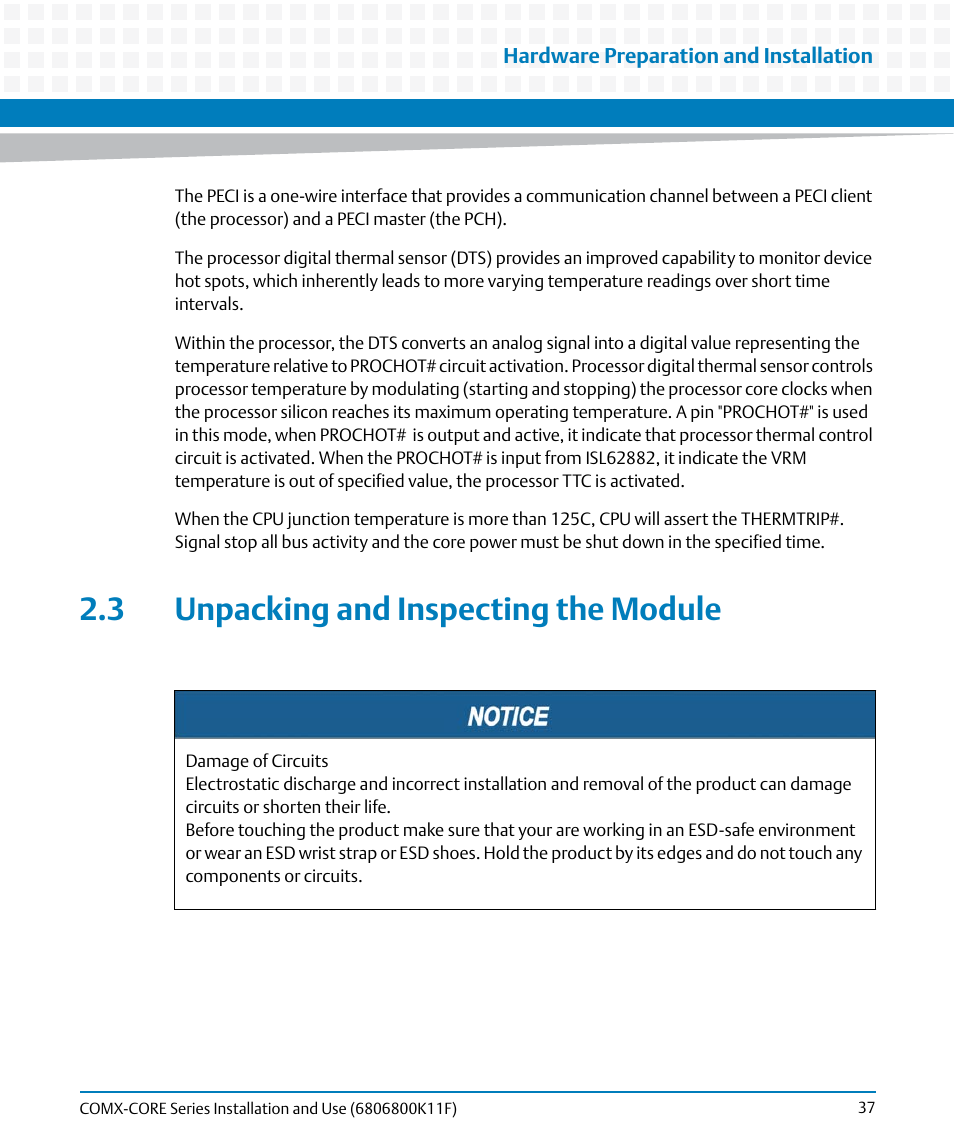 3 unpacking and inspecting the module | Artesyn COMX-CORE Series Installation and Use (August 2014) User Manual | Page 37 / 128