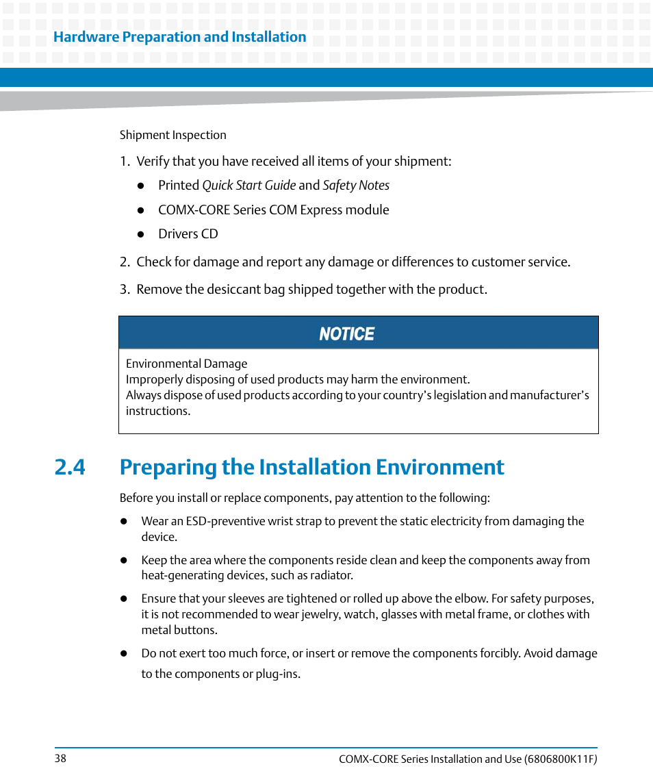 4 preparing the installation environment | Artesyn COMX-CORE Series Installation and Use (August 2014) User Manual | Page 38 / 128