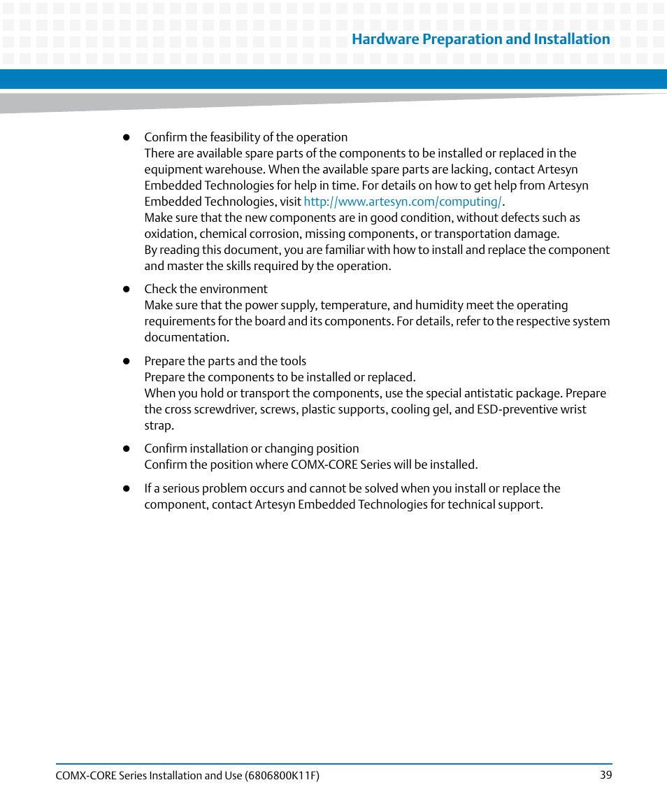 Hardware preparation and installation | Artesyn COMX-CORE Series Installation and Use (August 2014) User Manual | Page 39 / 128