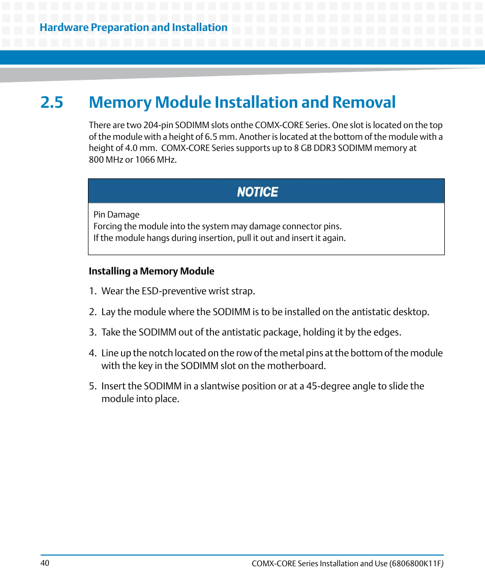 5 memory module installation and removal | Artesyn COMX-CORE Series Installation and Use (August 2014) User Manual | Page 40 / 128