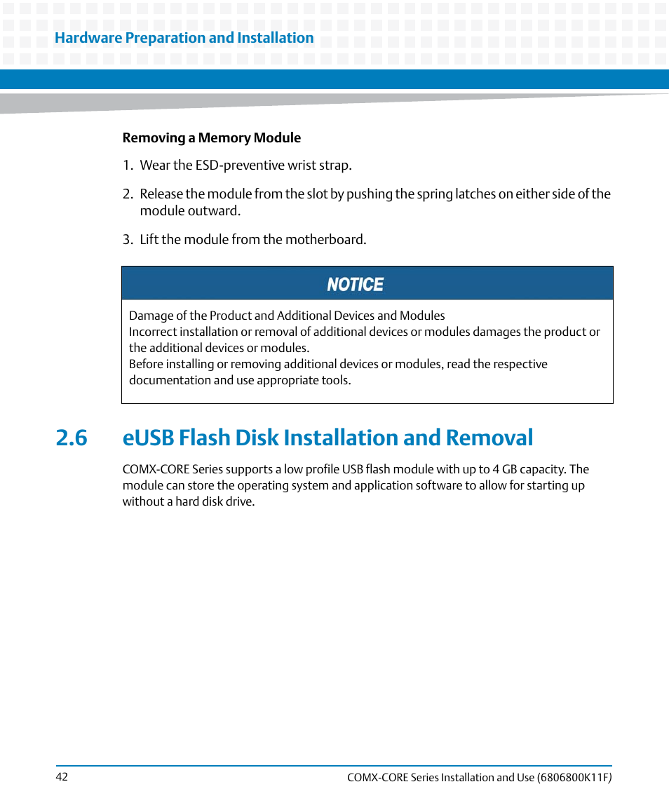 6 eusb flash disk installation and removal | Artesyn COMX-CORE Series Installation and Use (August 2014) User Manual | Page 42 / 128