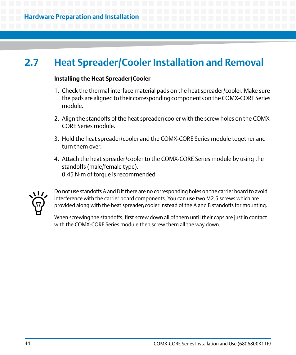 7 heat spreader/cooler installation and removal | Artesyn COMX-CORE Series Installation and Use (August 2014) User Manual | Page 44 / 128