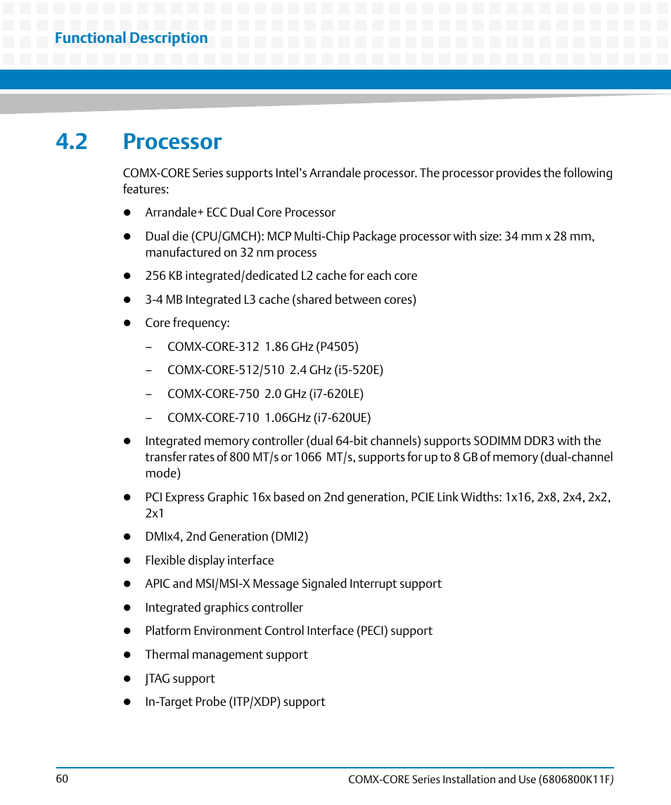 2 processor, Functional description | Artesyn COMX-CORE Series Installation and Use (August 2014) User Manual | Page 60 / 128