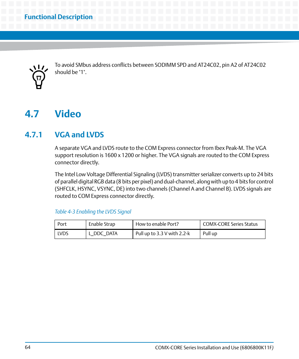 7 video, 1 vga and lvds, Table 4-3 | Enabling the lvds signal | Artesyn COMX-CORE Series Installation and Use (August 2014) User Manual | Page 64 / 128