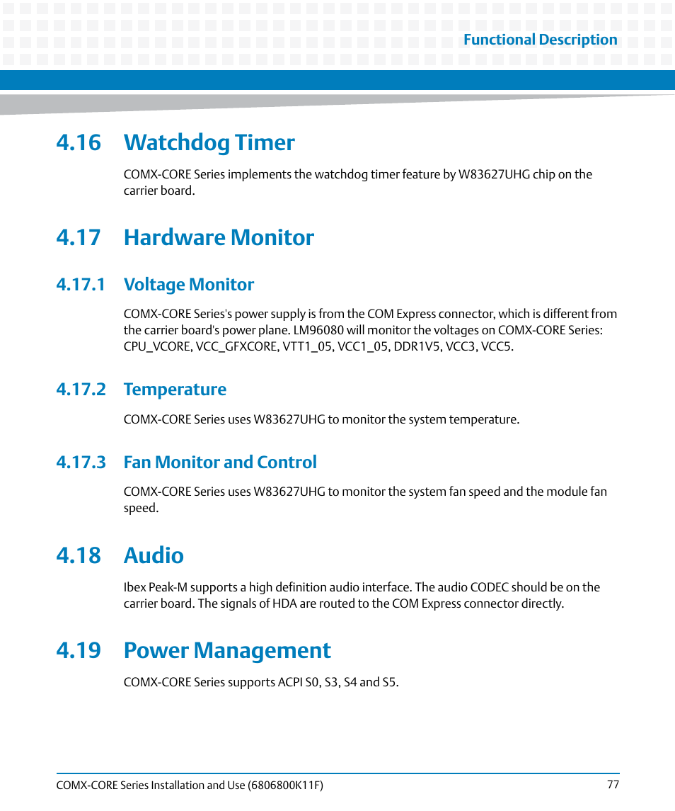16 watchdog timer, 17 hardware monitor, 1 voltage monitor | 2 temperature, 3 fan monitor and control, 18 audio, 19 power management, 16 watchdog timer 4.17 hardware monitor, 18 audio 4.19 power management | Artesyn COMX-CORE Series Installation and Use (August 2014) User Manual | Page 77 / 128