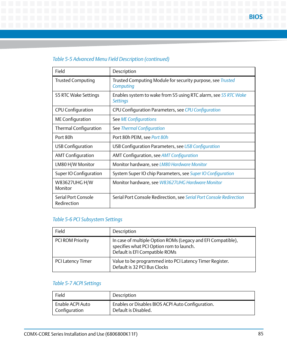 Table 5-6, Pci subsystem settings, Table 5-7 | Acpi settings, Bios | Artesyn COMX-CORE Series Installation and Use (August 2014) User Manual | Page 85 / 128