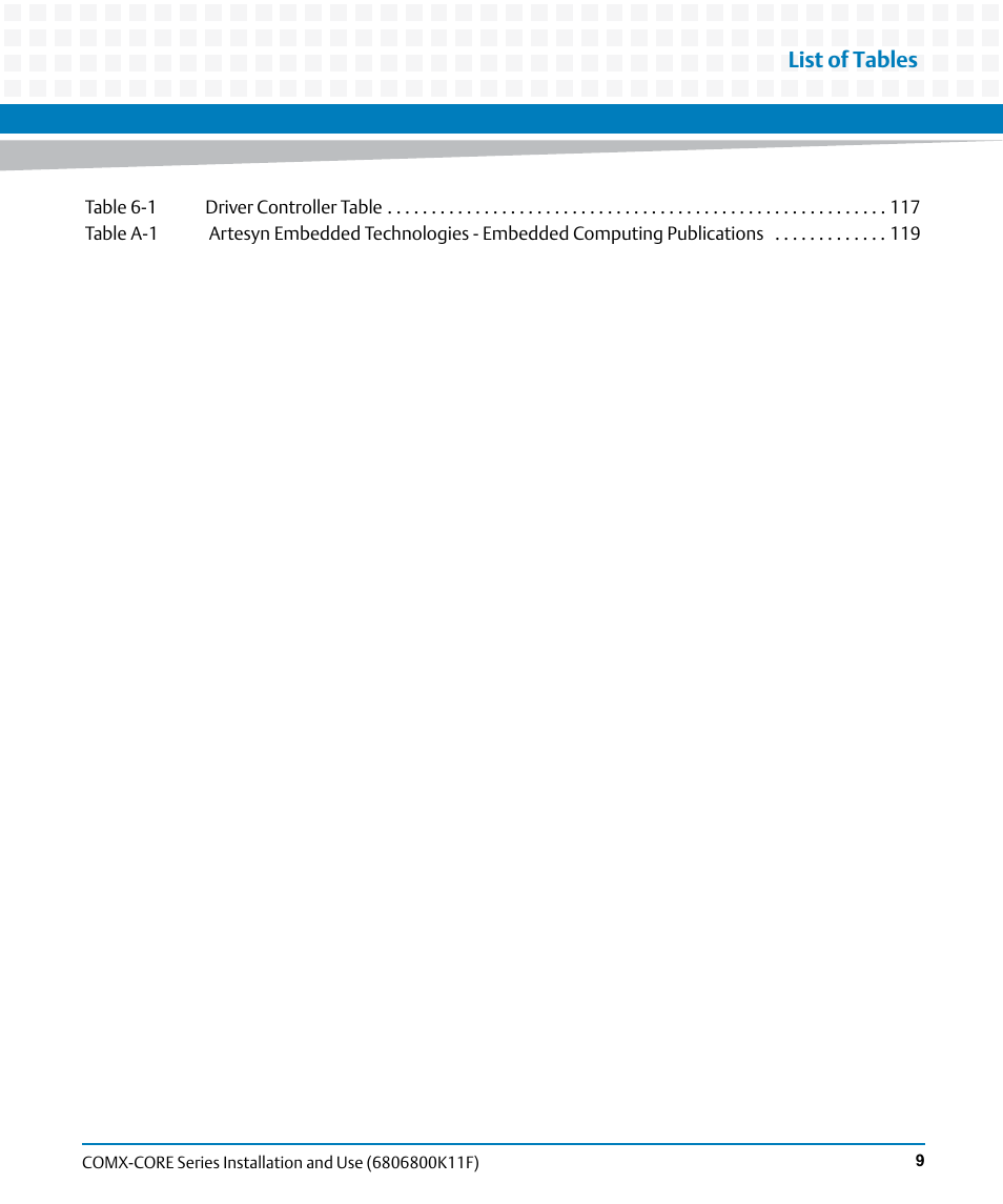 List of tables | Artesyn COMX-CORE Series Installation and Use (August 2014) User Manual | Page 9 / 128