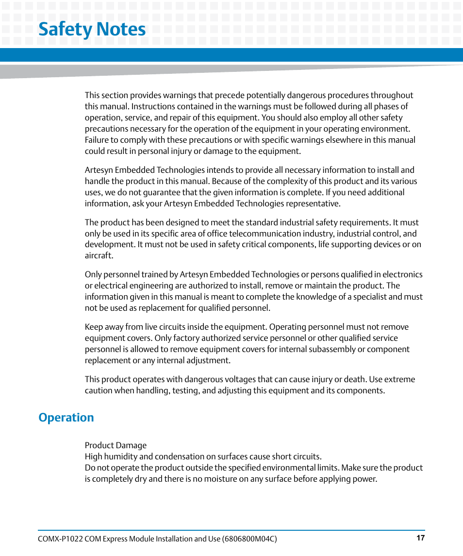 Safety notes, Operation | Artesyn COMX-P1022 Installation and Use (July 2014) User Manual | Page 17 / 84