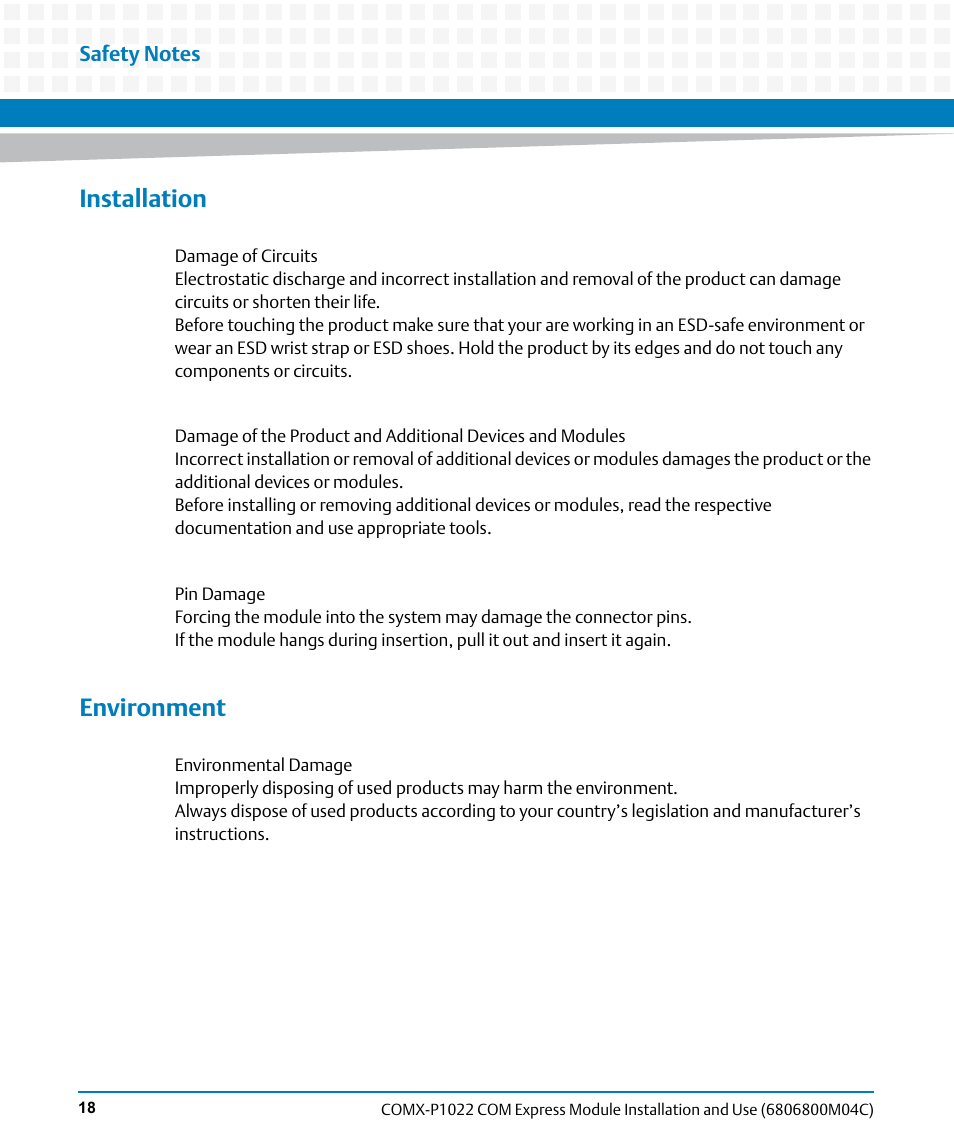 Installation, Environment | Artesyn COMX-P1022 Installation and Use (July 2014) User Manual | Page 18 / 84