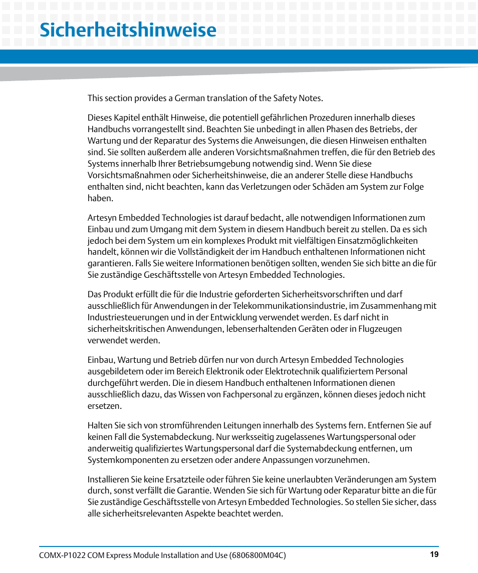 Sicherheitshinweise, Is a ge | Artesyn COMX-P1022 Installation and Use (July 2014) User Manual | Page 19 / 84