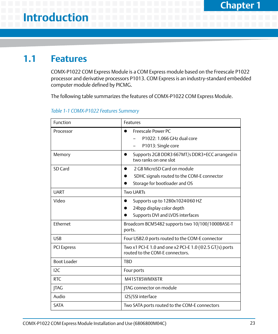 Introduction, 1 features, Table 1-1 | Comx-p1022 features summary, Chapter 1 | Artesyn COMX-P1022 Installation and Use (July 2014) User Manual | Page 23 / 84