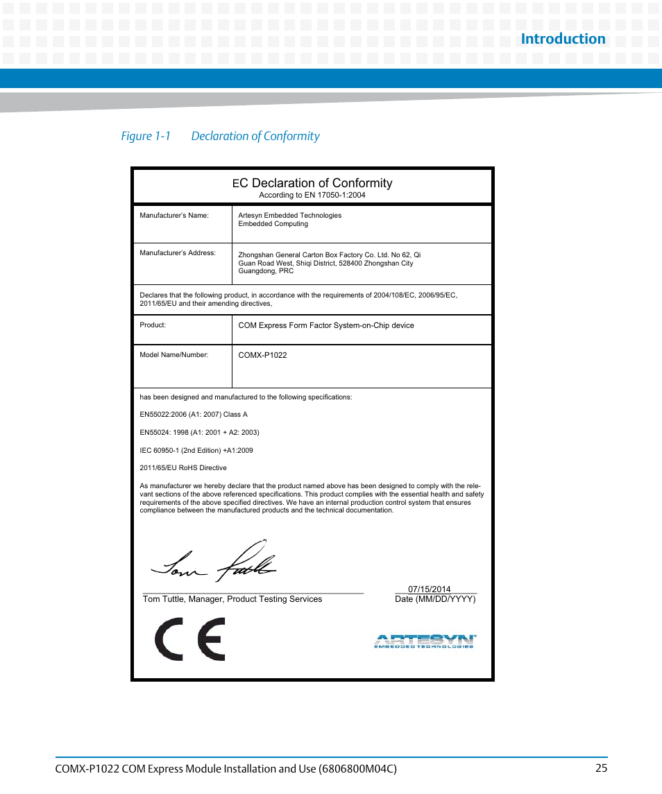 Figure 1-1, Declaration of conformity, Introduction | C declaration of conformity, Figure 1-1 declaration of conformity | Artesyn COMX-P1022 Installation and Use (July 2014) User Manual | Page 25 / 84