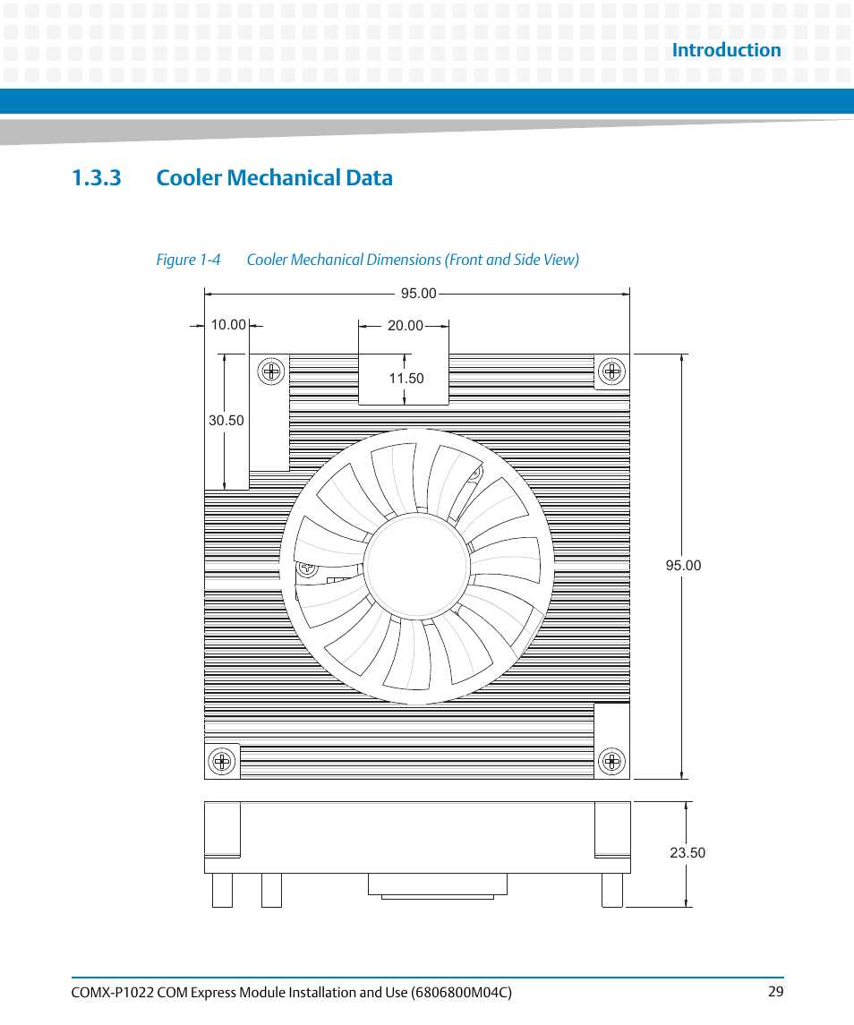 3 cooler mechanical data, Figure 1-4, Cooler mechanical dimensions (front and side view) | Introduction | Artesyn COMX-P1022 Installation and Use (July 2014) User Manual | Page 29 / 84